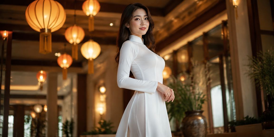 Người phụ nữ mặc áo dài tại Hội An thực hiện giao dịch hoàn tiền trực tuyến